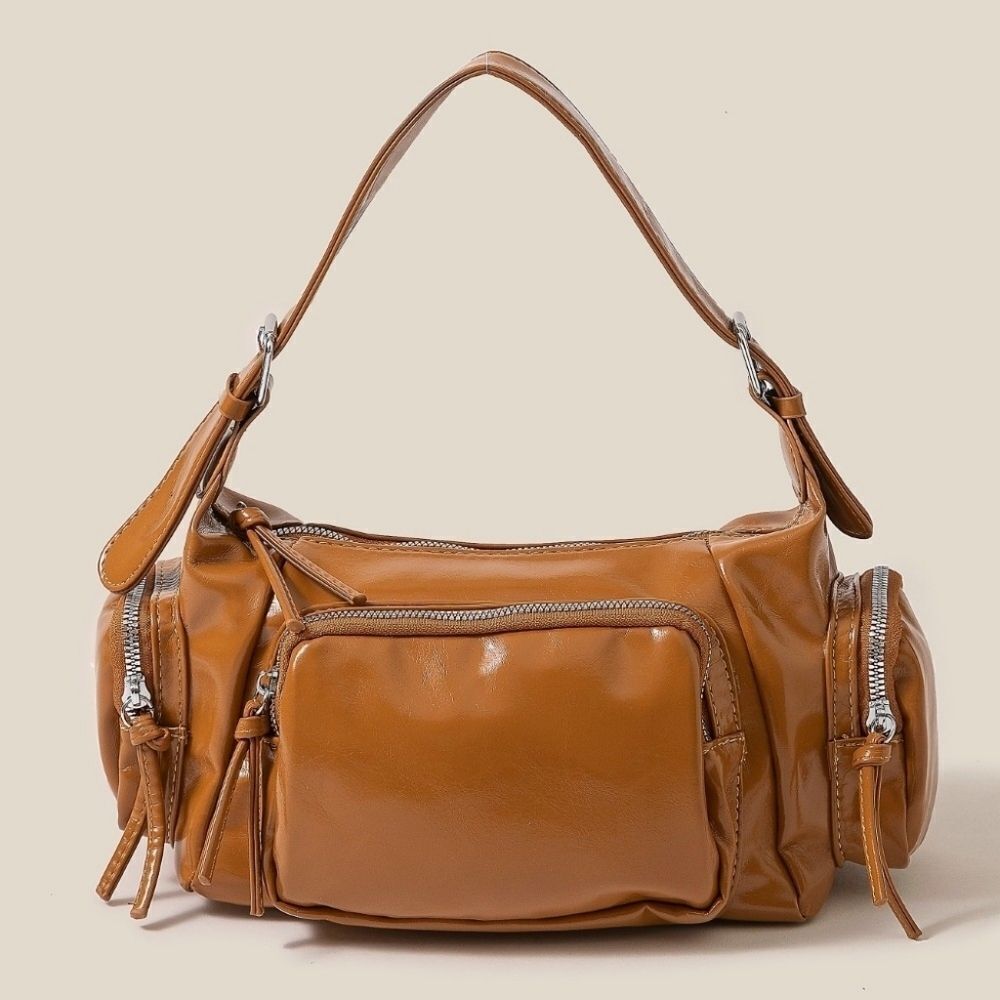 Fame Glossy Faux Leather Multi Pocket Hand Bag Tan Leather Shoulder Bag